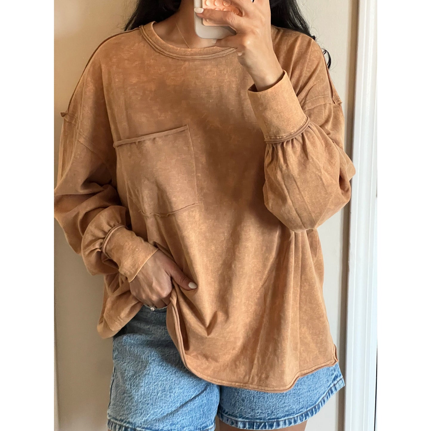 Hailey Mineral Wash Long Sleeve Top|Latte